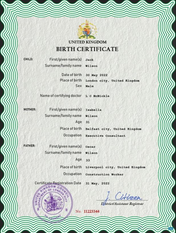 Download United Kingdom birth certificate PSD template Photoshop template